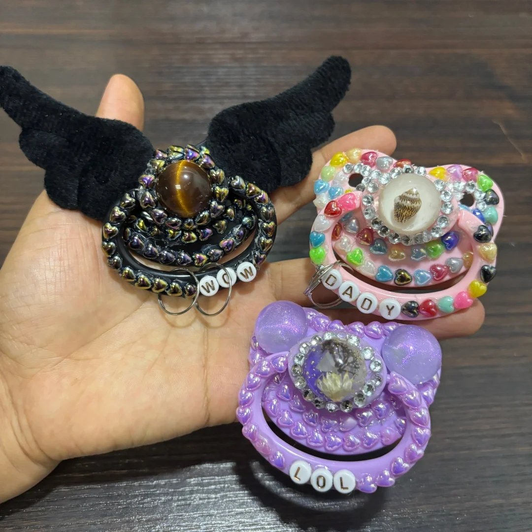 Handmade Adult Soother Pacifier Large Adult Size Silicone Nipple  Glitter Sequin Patches Personalized Ornament