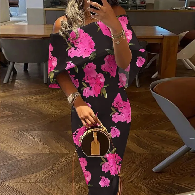 2025 primavera verão estilo feminino elegante e simples gola de uma linha sobre o ombro magro-ajuste saco nádega vestido de cor sólida