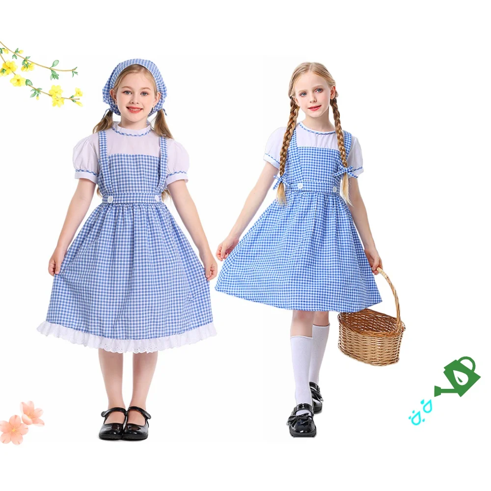 

Children's blue and white checkered dress, girls' spring and autumn princess dress, children's birthday party dress