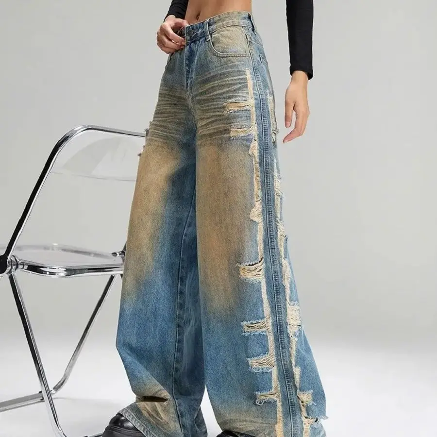 American Retro Hollow Ripped Wide-Leg Jeans Women Spring Autumn Niche High-End Heavy Industry Casual Versatile Niche Floor Pants