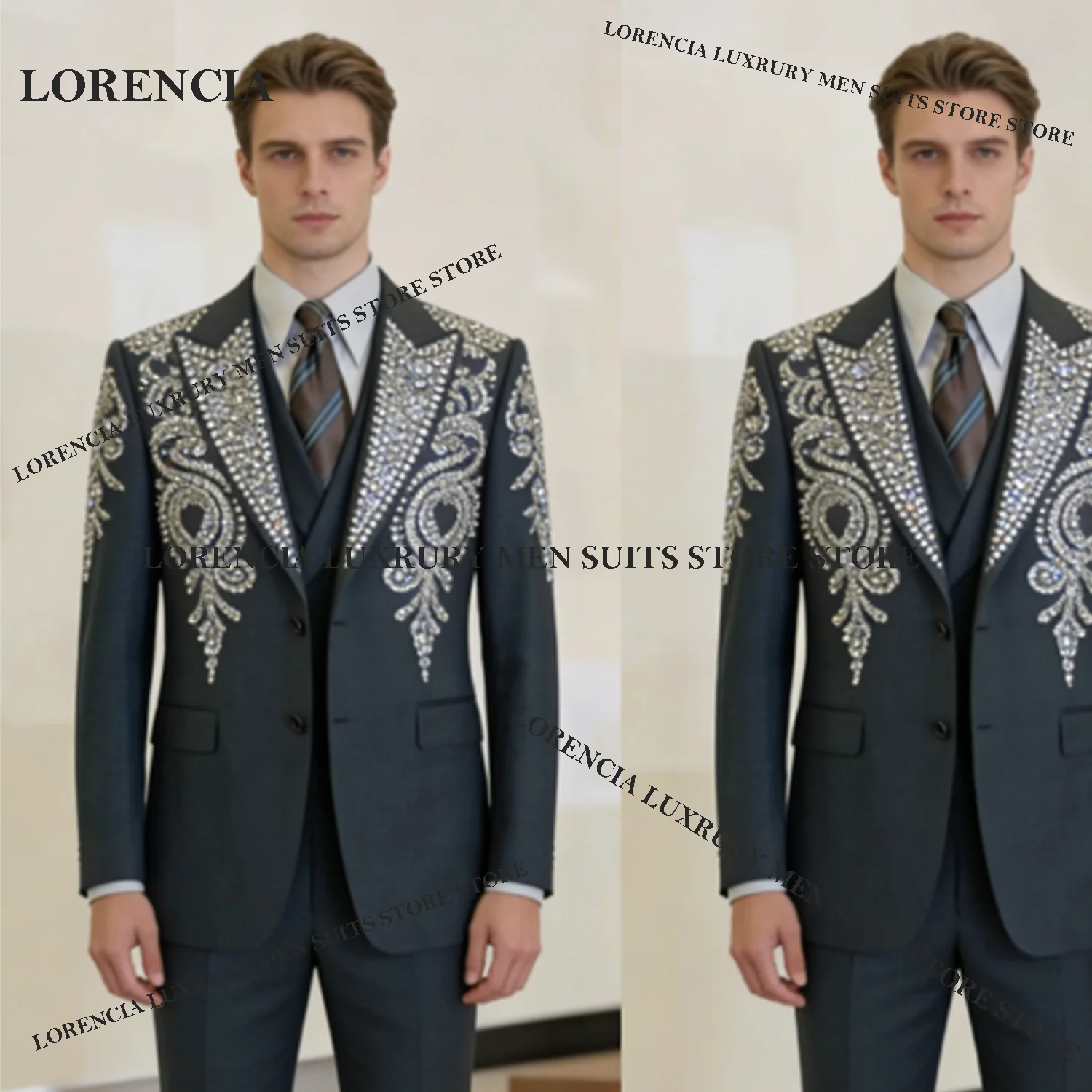 

Customized Glitter Crystal Men Suit Elegant Diamond Paillette Wedding Tuxedos Slim Ropa hombre 3 Pieces Sets Groom Male Blazer