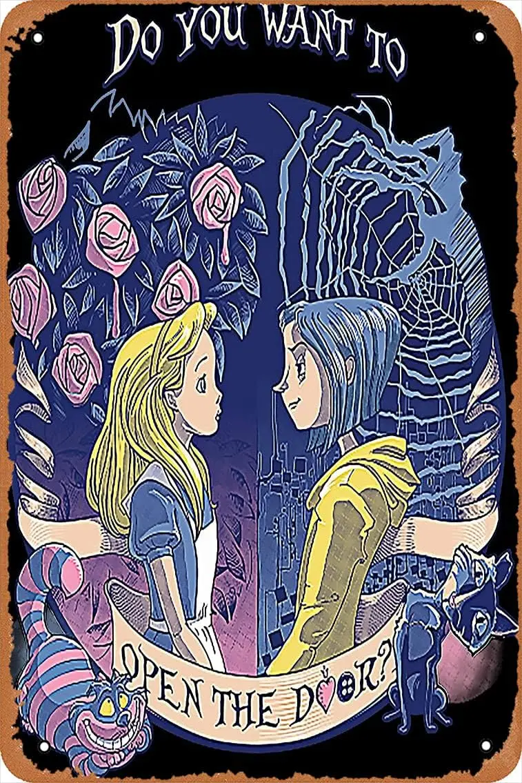 NIUMOWANG Metal Sign - Coraline & Alice Open The Door T-Shirt Tin Poster 12 X 8 Inches