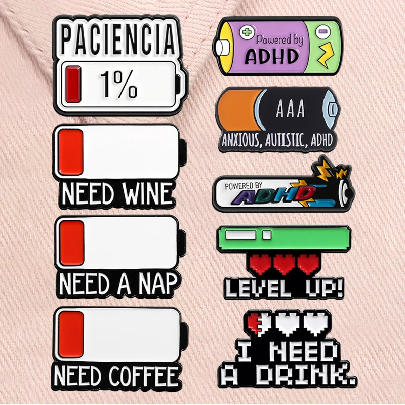 Creative Battery Enamel Pins Funny Quotes PACIENCIA Autism ADHD Anxiety Mental Health Awareness Brooch Lapel Badge Jewelry Gifts