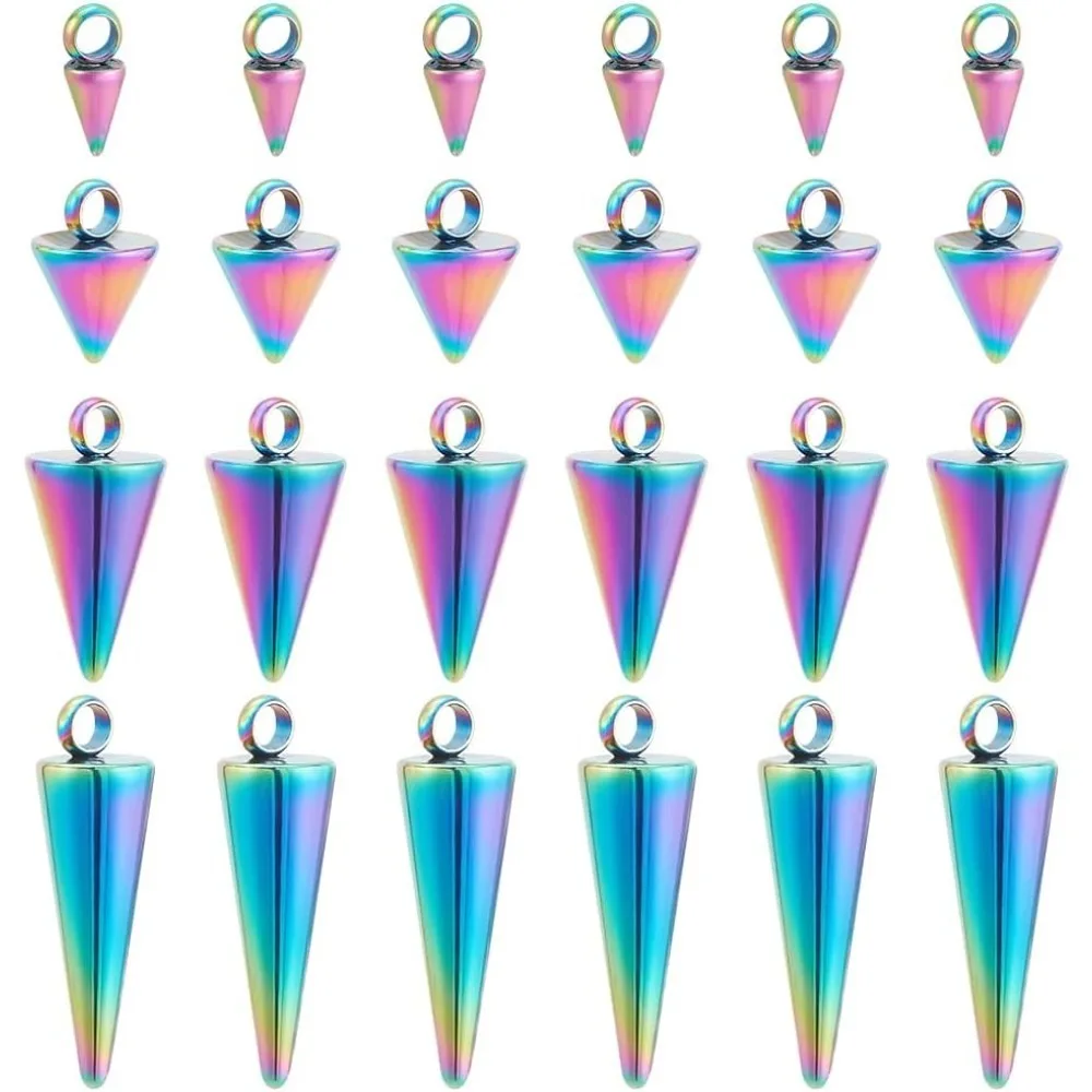 24pcs Rainbow Cone Charm Stainless Steel Punk Style Spike Charm 4 Sizes Dangle Earring Charm Bracelet Charms