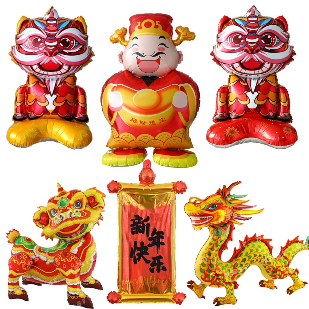 Large 3D Standing Dragon Year God Wealth Lion Dragon Couplet Foil Balloon 2024 Chinese New Year Home Spring Festival Decoration