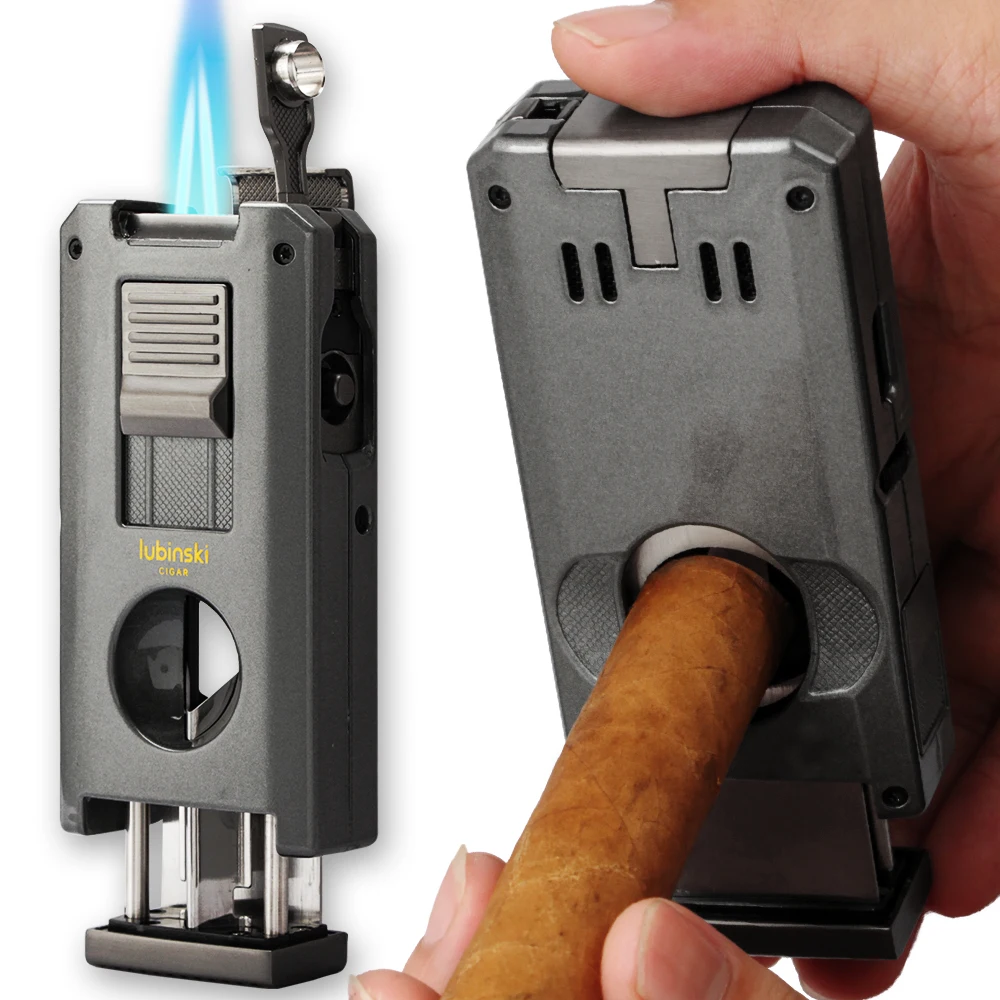 

LUBINSKI Metal Cigar Lighter V Cutter Guillotine Doul Cigar Cutter With Punch Drill Hole Cigar Lighters Tool