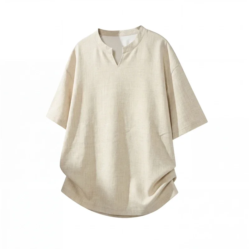 Men V Notch Collar Short Sleeve T Shirt Linen Texture Fabric Loose Fit Curved Hem Breathable Casual Daily Tee Top