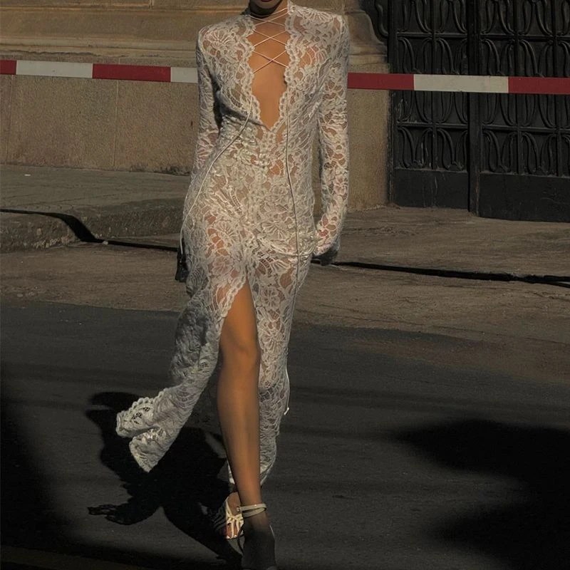 Vestido de encaje francés transparente con lazo para mujer, vestido de verano ajustado con abertura larga de Jacquard de manga larga, Vestidos de noche sexis elegantes para fiesta