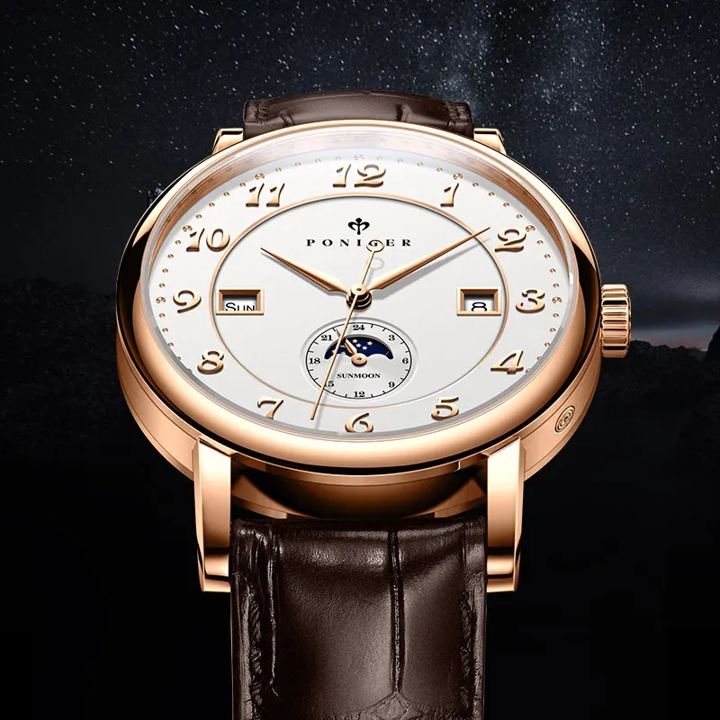PONIGER Men's Watch New Automatic Mechanical Top Brand Luxury Fashion Watch Stainless Steel Waterproof Multifunction Men's Watch