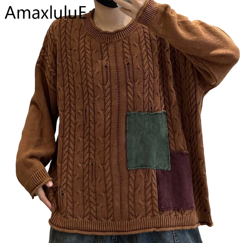 Amax LuluE Designer Winter Womens Vintage Sweaters Loose Patchwork Pullover Ladies Classic Casual Warm Knitted Striped Jumpers