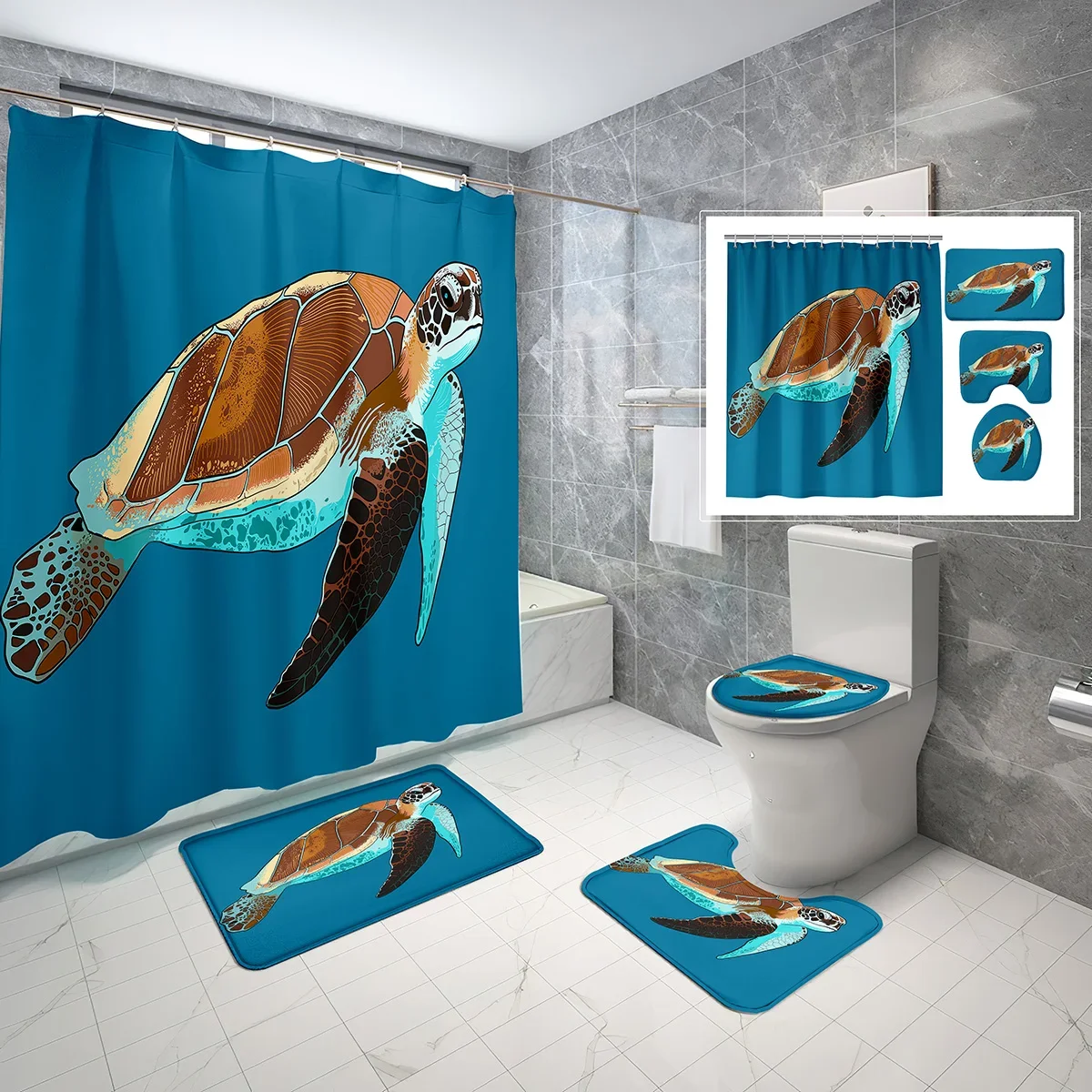 

Cartoon Sea Turtle Shower Curtain Set 4 Pcs Creativity Pattern Non-slip Bath Mat Toilet Lid Fabric Waterproof Shower Curtain Set