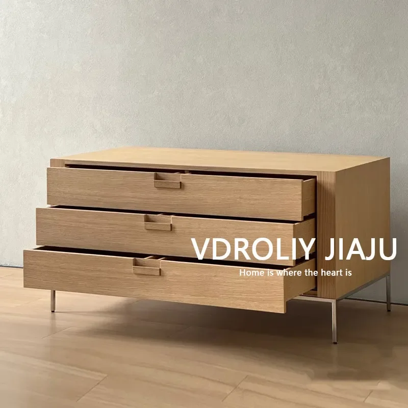 w28- Vintage Solid Wood Style Home Solid Wood Chest of Drawers Modern Simple Bedroom Storage Wall-Side Three-Drawer Tea Cabinet