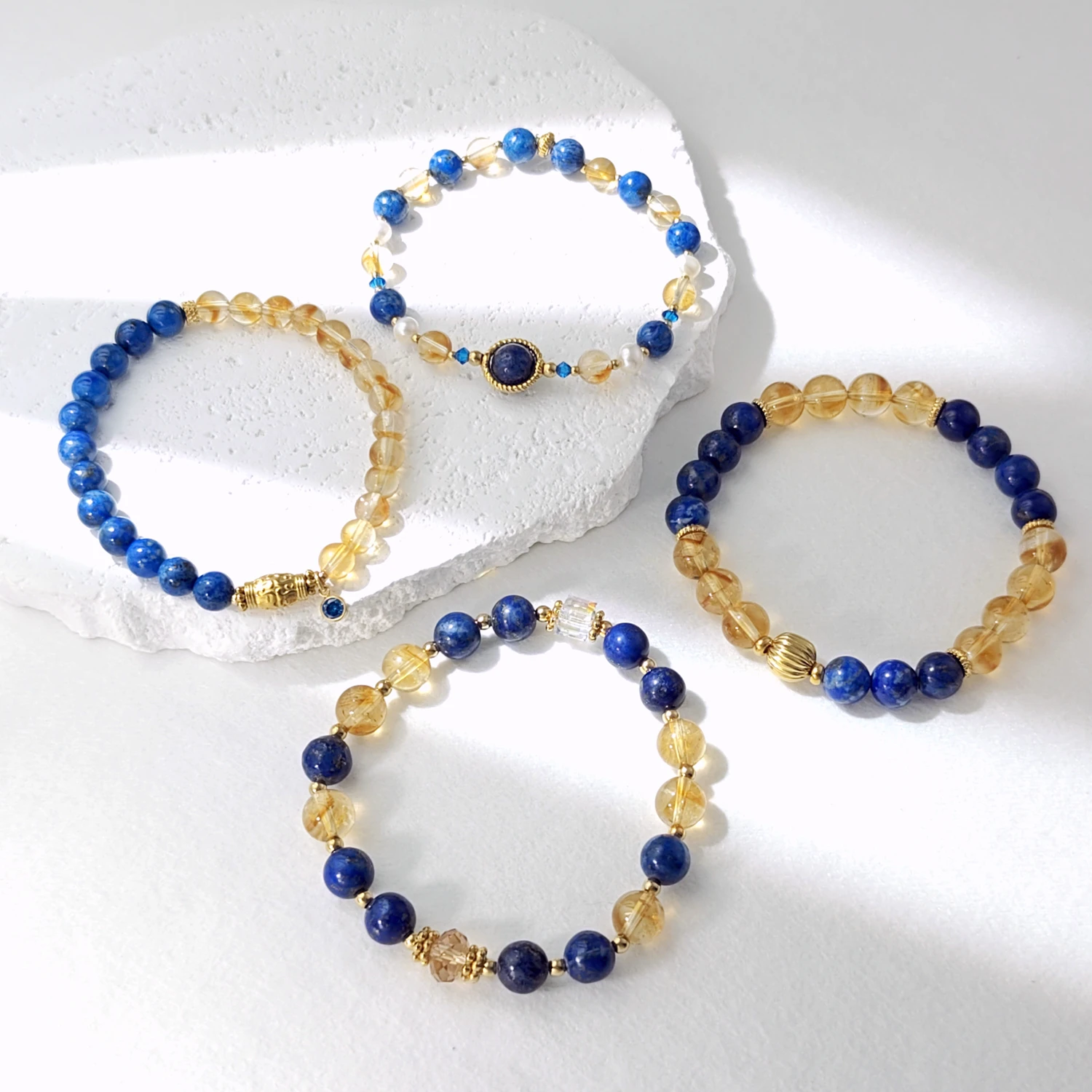 Lii Ji Natural Stone Lapis Lazuli Citrine 6/8mm With Crystal Stainless Steel Elastic Bracelet