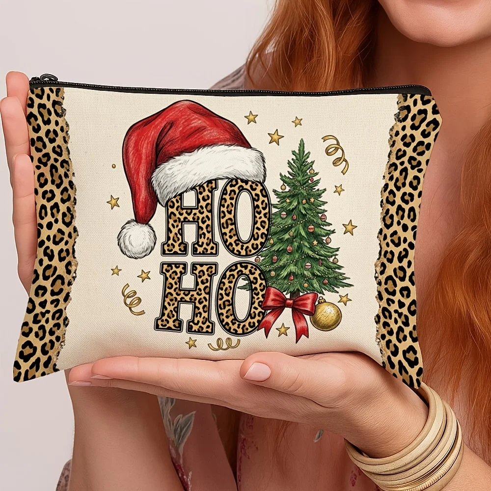 Christmas Leopard Ho Ho Ho Letter Santa Hat Decorated Christmas Tree Star Ribbon Cosmetic Bag Portable Travel Makeup Pouch