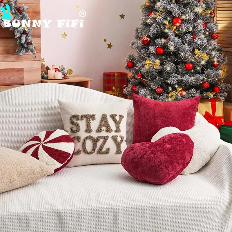 Beige Heart Tree Sugar Christmas Cushion White Red Pillow Cover for Home Decoration Soft Chenille Plush Tufted Emboridered