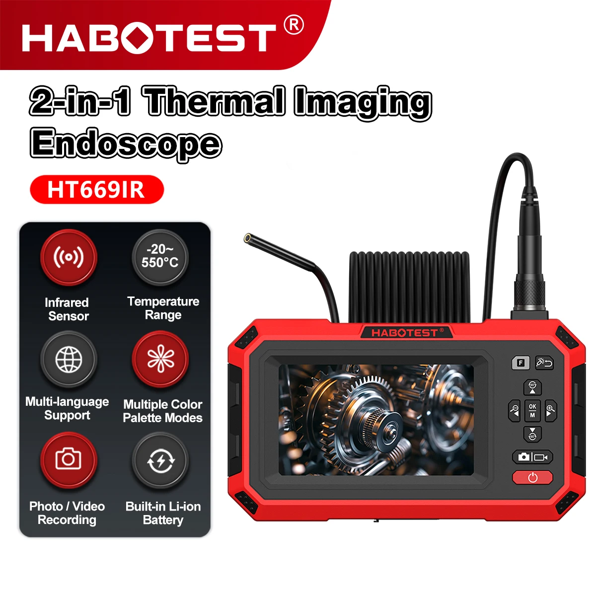 HABOTEST HT669IR Thermal Imaging Endoscope Handheld Industrial Videoscope Probe -20℃~550℃ Thermal Detector Car Inspection Tool