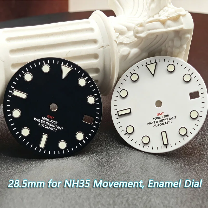 MechJazz 28.5mm GMT Enamel Watch Dial Fits NH35 Series Movement, BGW9 Luminous Single Calendar Replacement Parts