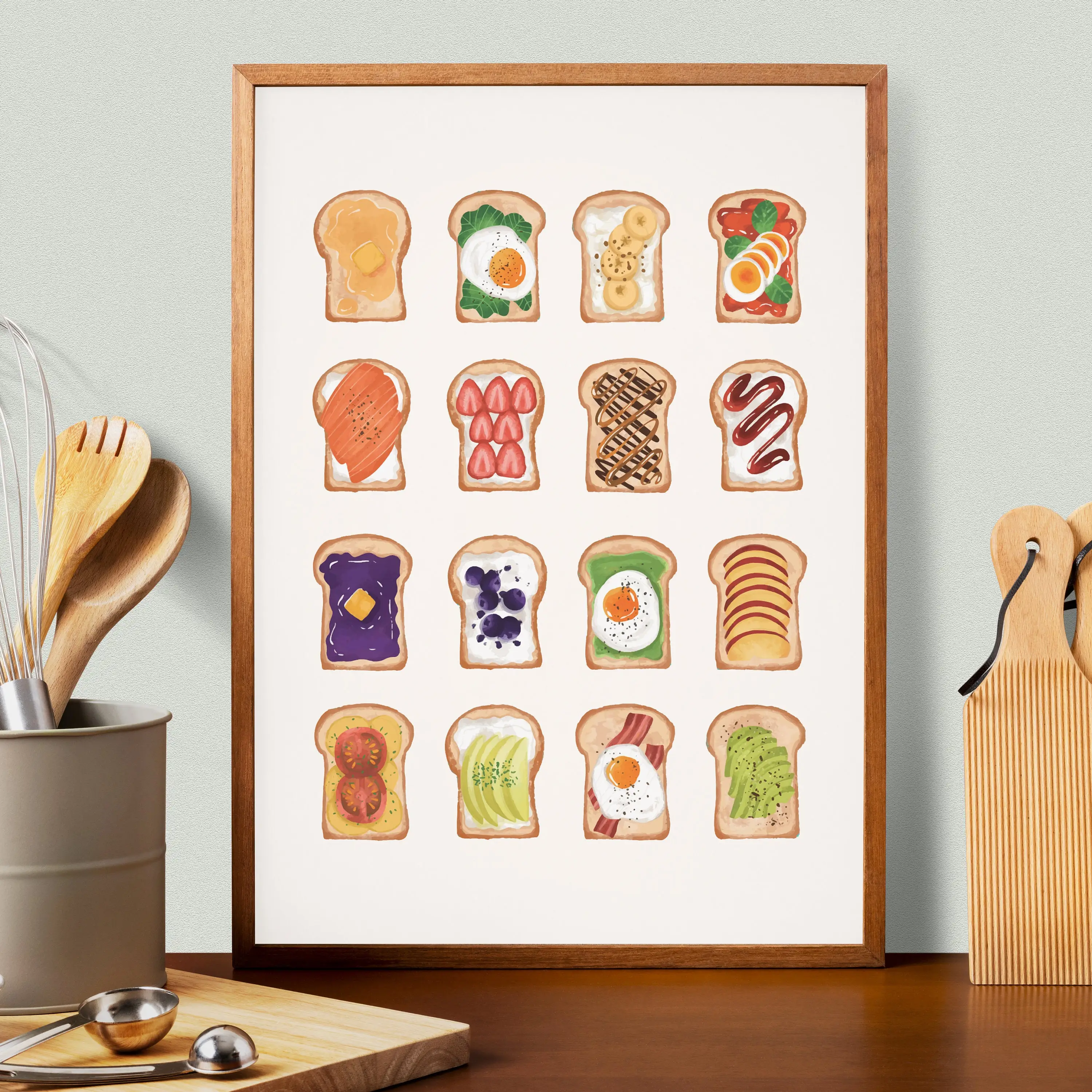 1 pieza de cuadro sin marco, pintura en lienzo, tostada, desayuno, huevo, aguacate, tomate, fresa, atún, chocolate, póster impreso, imágenes artísticas de pared, lienzo