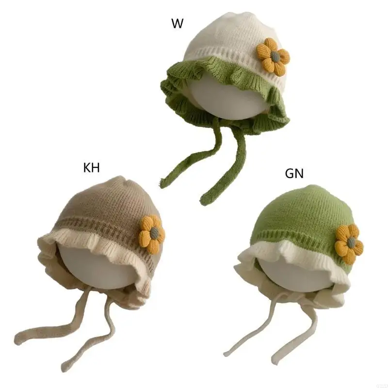 

Q22D Симпатичная девочка ушная фасоль мягкая вязаная шляпа принцессы с цветочной кружевной детализацией