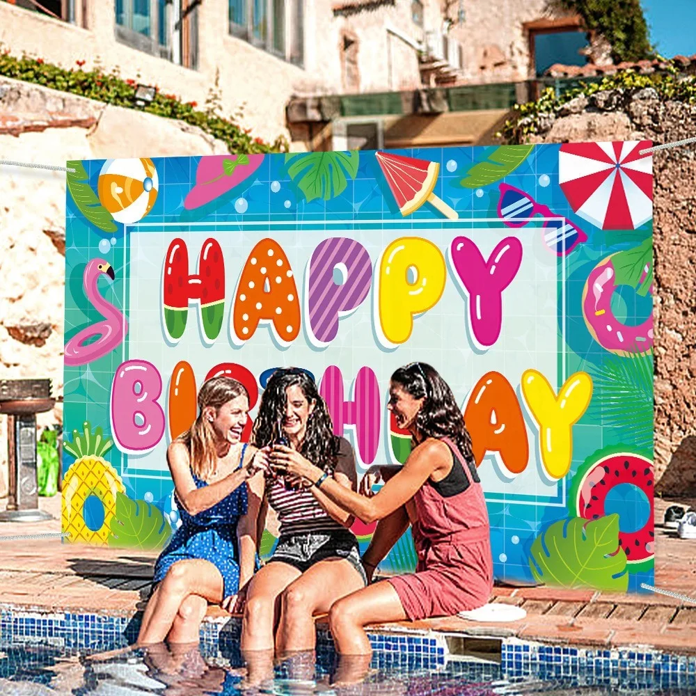 Tema Tropical verano Fiesta EN LA Piscina telón de fondo salvavidas globo piña bola playa fotografía fondo colores vibrantes