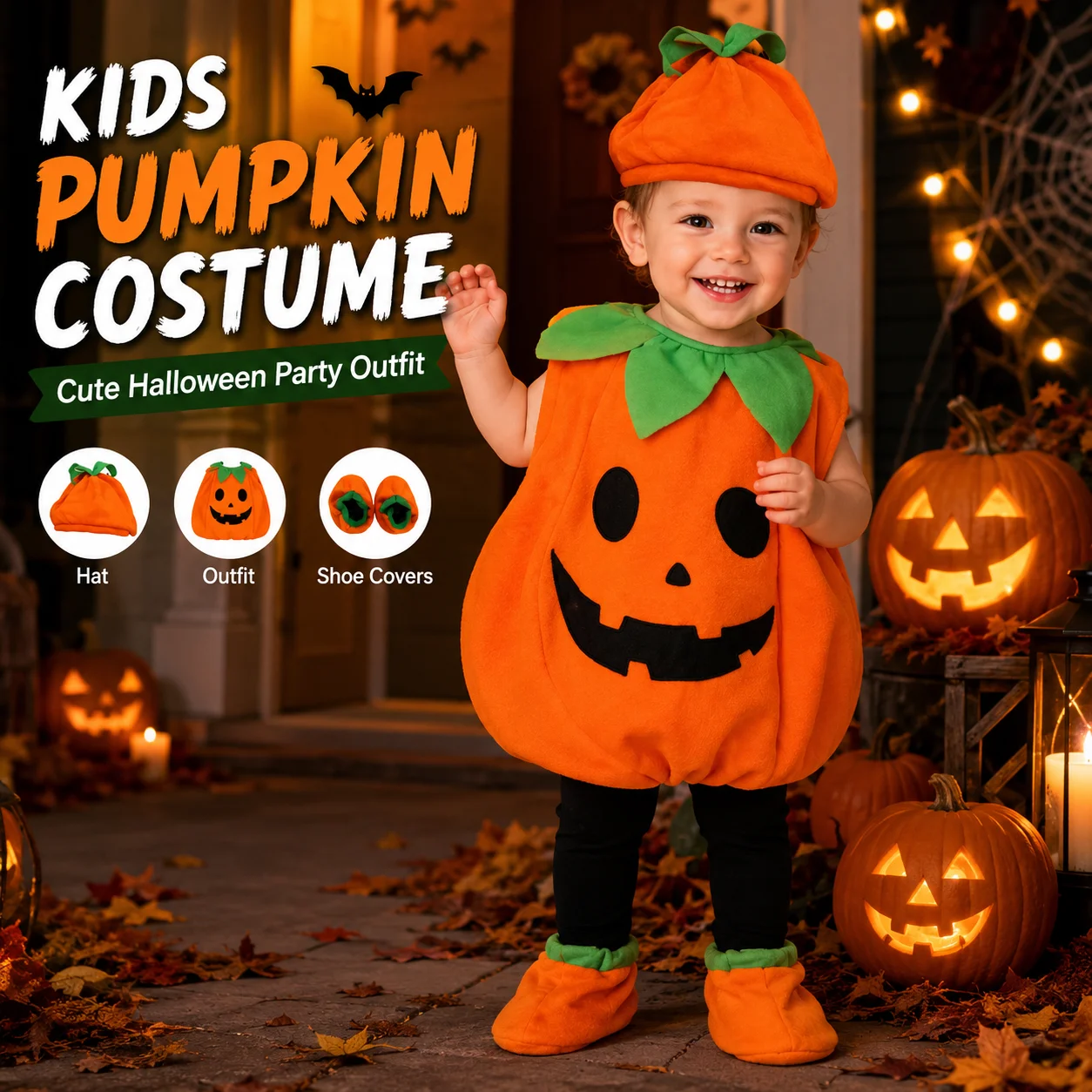 Kids Halloween Pumpkin Costume with Trick or Treat Bag Toddler Boys Girls Jack O Lantern Cosplay Outfit Carnival Party Dress
