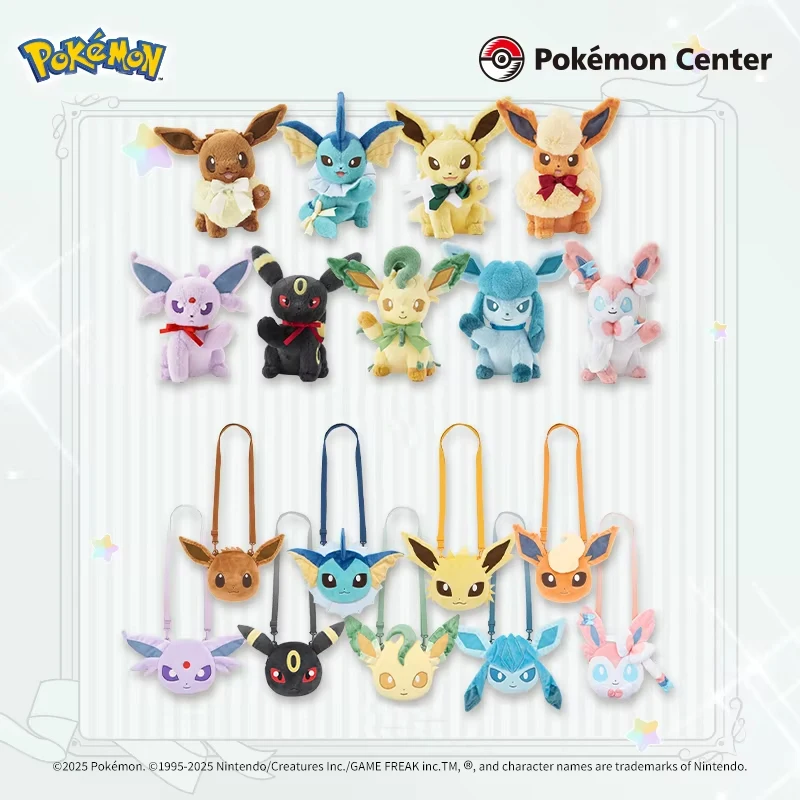 Genuine Pokemon Eeveelution Partners Series Plush Toy Cute Bow Eevee Family Stuffed Doll Collectible Figure Birthday Gift Decor