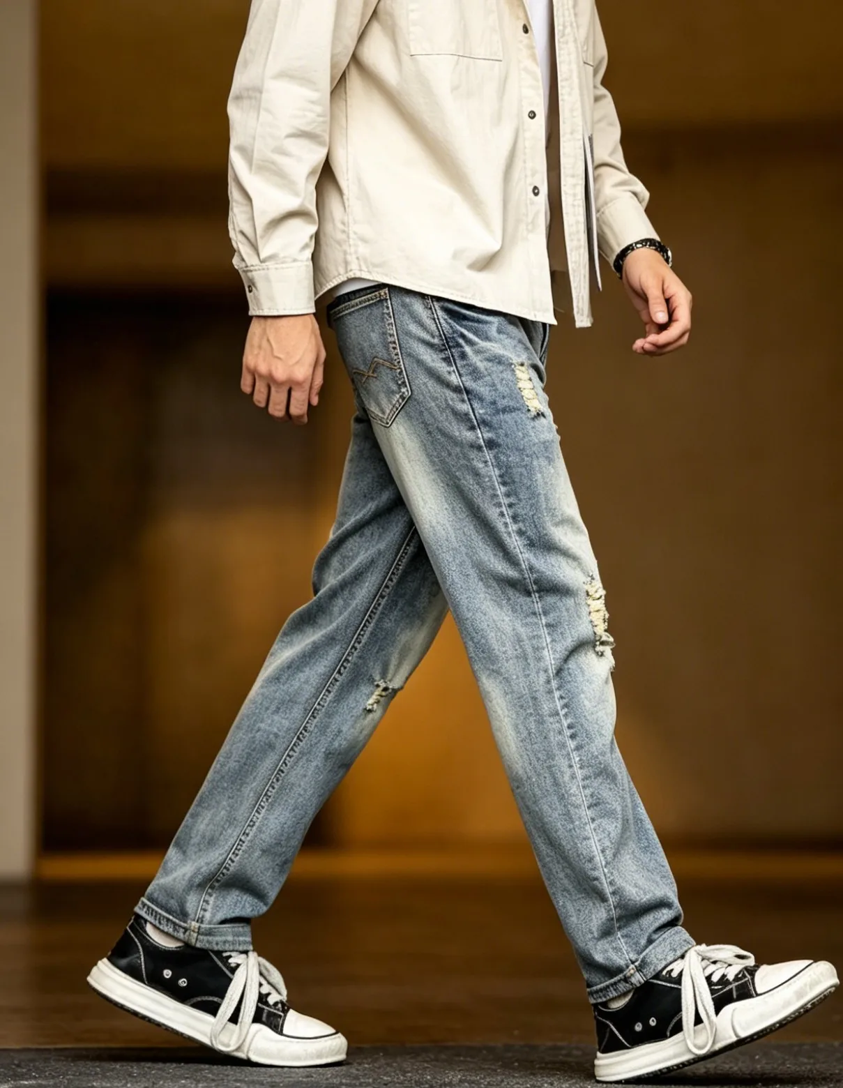 【HME】Men's Jeans | Distressed Ripped Denim Pants, Vintage Washed Slim Fit Skinny Jeans For Men, Heart‑Shape Stitch Back Pockets, Durable Denim Fabric, Casual Street Daily Wear Trousers For Male