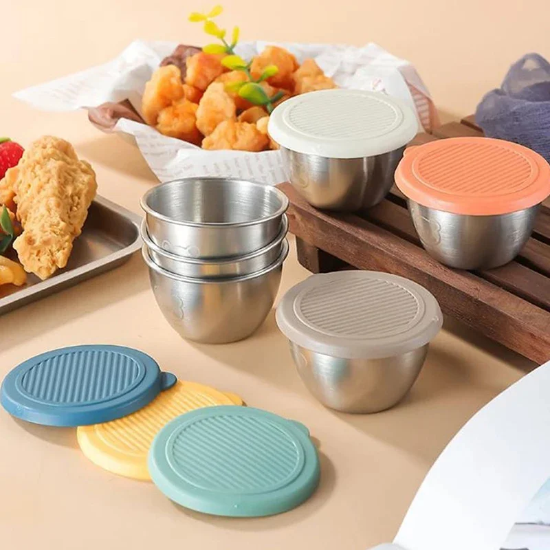 Stainless Steel Sauce Cup with Lid Salad Dressing Container Reusable Salad Dipping Dish Portable Barbecue Spice Jar Kitchen Tool
