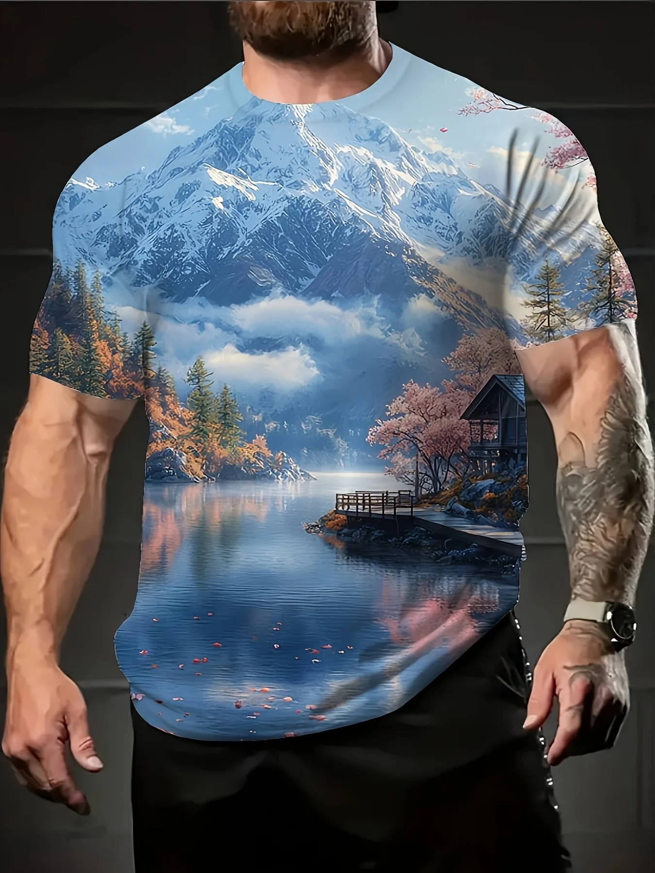 

Men'S 3D Landscape Print T-Shirt - Mountain, Lake & Cherry Blossom Design, Short Sleeve Crew Neck, Lightweight Polyester