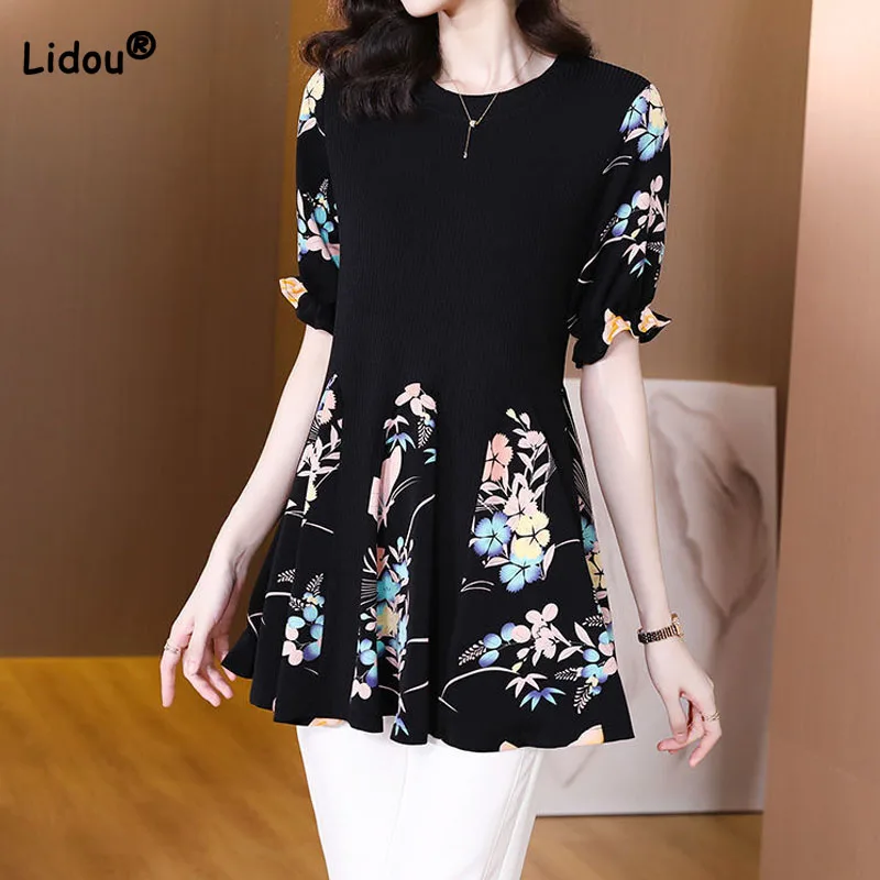 

Fashion Casual Short Sleeve Female Printed Spliced T-shirt Summer Loose All-match Round Neck Long Tops Women's Clothing Korean