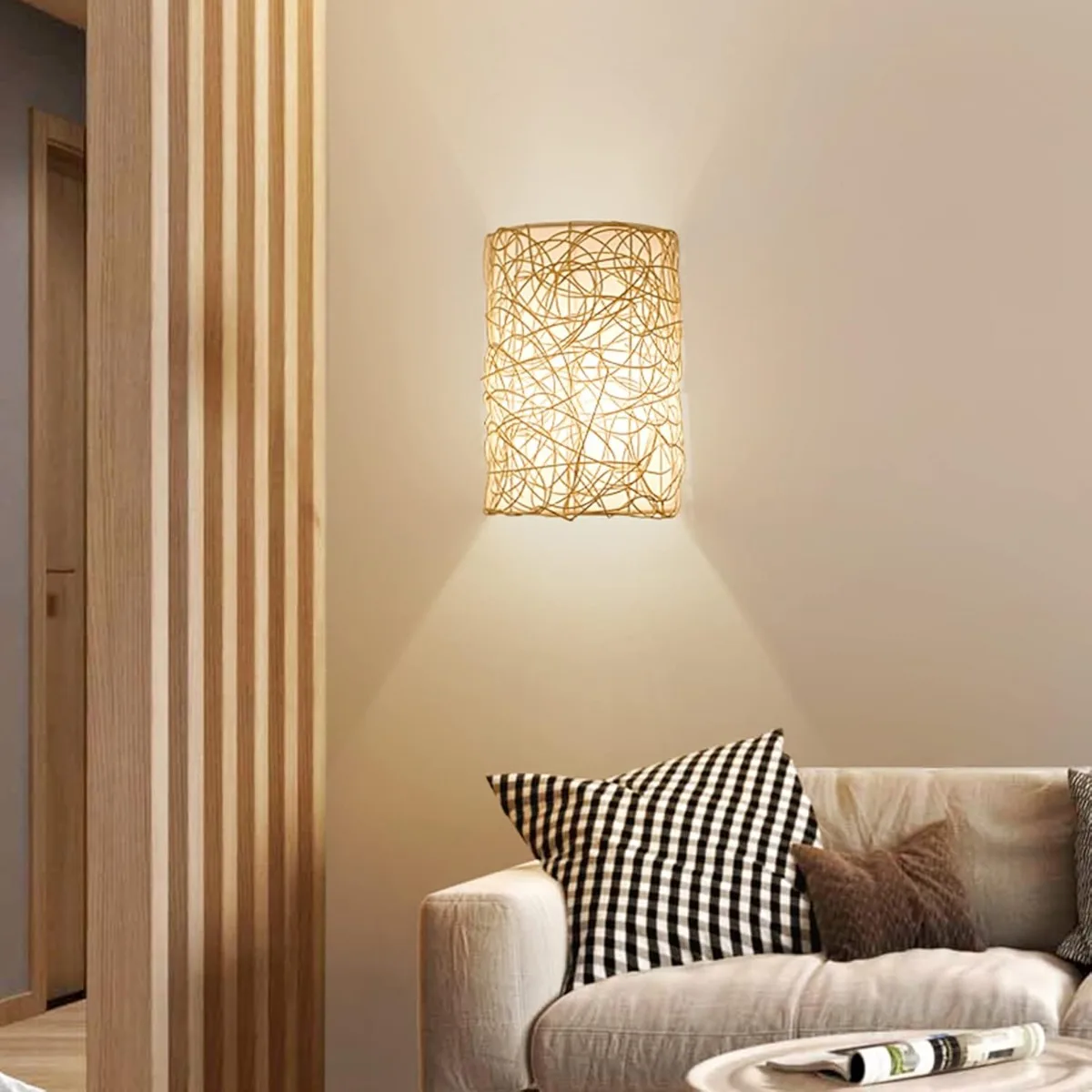 

Rustic Iron Rattan Woven Wall Lamps E27 Woven Sconce Lights with Dimmable Switch Bedside Wall Light for Bedroom Entryway Hallway