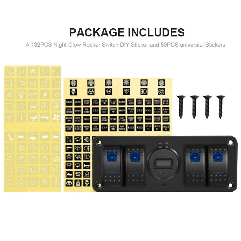 Voltímetro de Panel de 4 bandas, interruptor basculante de CC, resistente al agua, 12V-24V, con cargador USB Dual QC3.0 y Noche