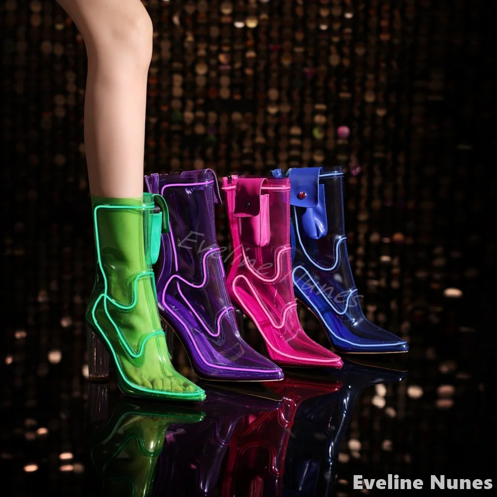 

LED Flash Performance Boots Women Pointed Toe Thick Heel Transparent Slip On Solid Mid Calf Boots 2025 New Catwalk Party Boots