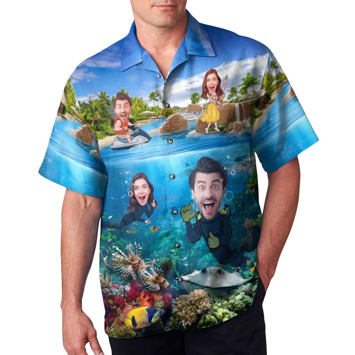

Новая индивидуальная гавайская рубашка для дайвинга с персонализированным изображением лица, морского пейзажа и пляжа, рубашка в стиле алоха, летняя рубашка для отпуска, семейная рубашка на заказ.