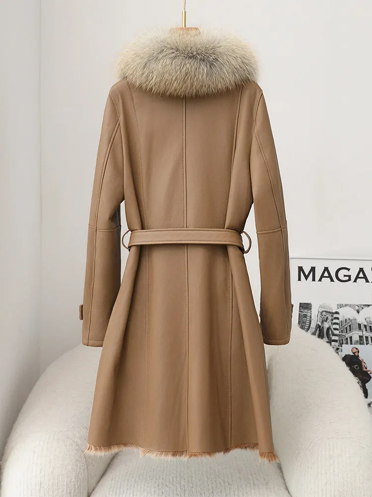 Speciale uitverkoop: Originele geïntegreerde jas van ecologisch bont voor dames, halflange lamsvachtjas met vossenbontkraag