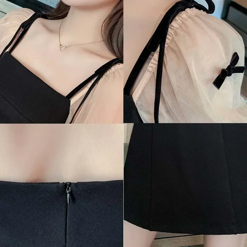 فستان سهرة بأكمام مضيئة للنساء أسود أنيق بفيونكة شبكية مرقعة فاخرة ومزاج سيدة شهيرة جمالية