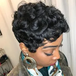 Short Pixie Wigs for Black Women Short Black Curly Pixie Wigs Synthetic Hair Wigs for Black Women Natural Wavy Black Pixie Cut W