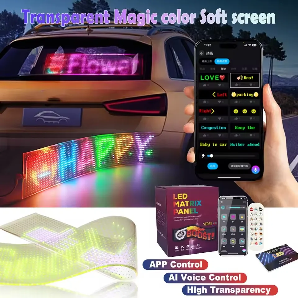 

AI Voice Transparent Function LED APP LED Matrix Pixel Panel Night Light DIY Programmable Flexible LED Display For Car Truck Acc