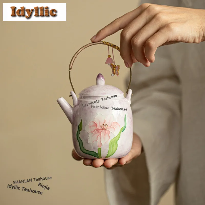 

220ml Hand-painted Glaze Lifting Handle Teapot Boutique Tea Infuser Pot Tea Soaking Kettle With Ball Hole Teaset Ornaments Gift
