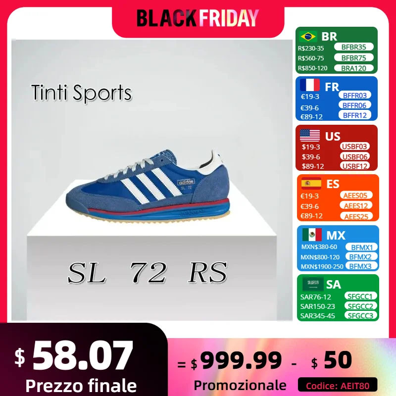 Zapatillas Adidas SL 72 RS de suela fina para hombre y mujer, zapatos informales ligeros y cómodos para invierno, zapatillas clásicas Retro, azul y blanco