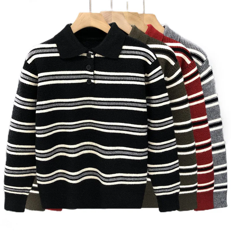 

Plus SizePOLOShirt Polo Collar Stripes Knitwear Sweater Men's Fleece-Lined Pullover