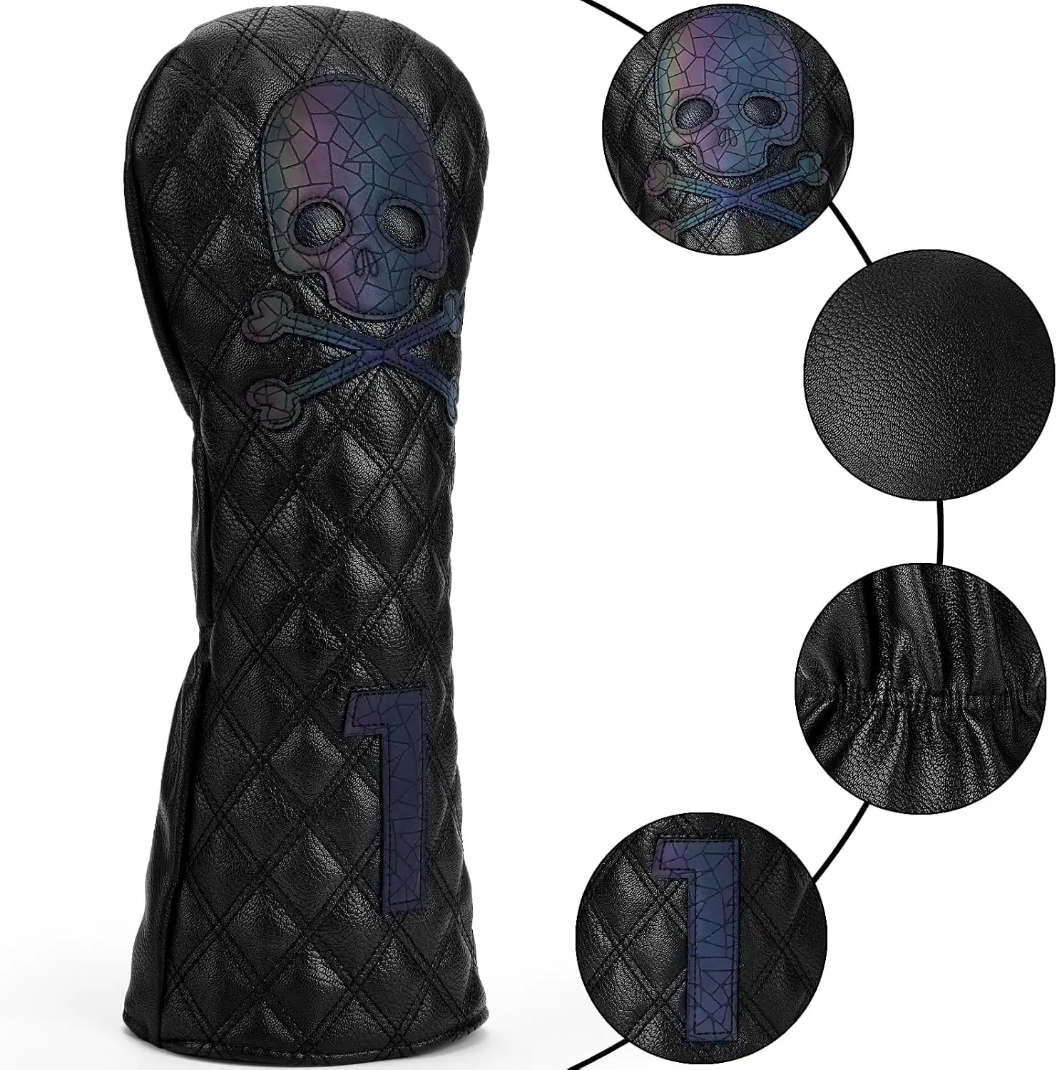 Golf Club Head Covers with Skull and Crossbones Skeleton Design, Fits Driver, Fairway Wood, and Hybrid, Soft Synthetic PU Leather Diamond Pattern Design