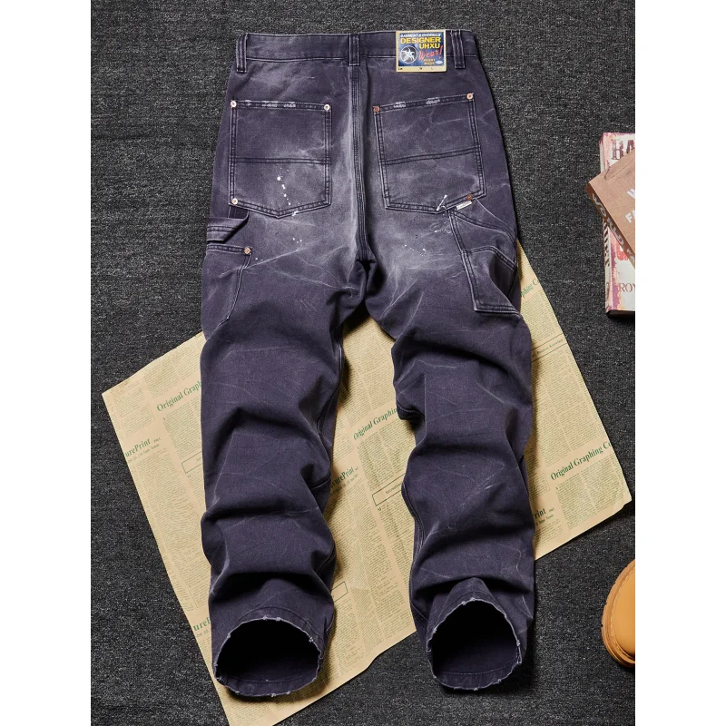 American Vintage High-End Dirty Wash Patchwork Design Jeans Men Loose Straight Cargo Style Denim Pants