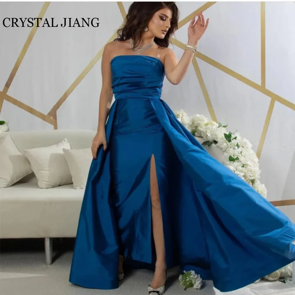 

Simple Long Strapless Satin Evening Dresses Sleeveless with Slit A Line Sweep Train Vestidos De Fiestas Elegantes Mujer