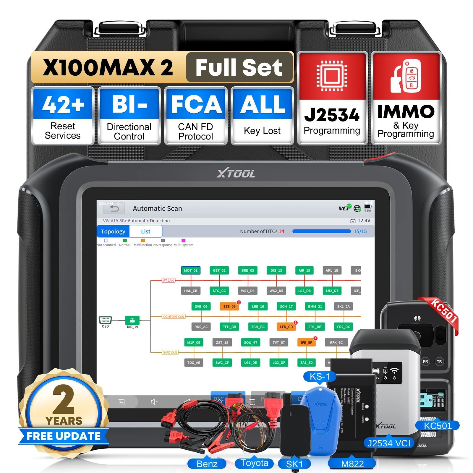 XTOOL X100MAX2 Full Set Key Programming Tool with KC510 KC501 KS1 SK1 M822 Car All Key Lost Key Programmer Kit with J2534