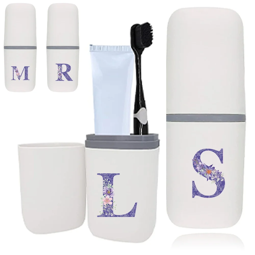 

Toothbrush Box Portable Detachable Organizer Case Travel Toothbrush Storage Container Mouthwash Cup Purple Flower Letter Pattern