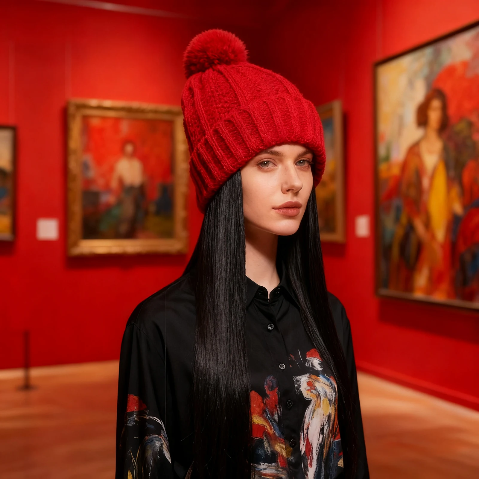 Women's Winter Warm Long Straight Hair Wig Cap Knit Hat with Realistic Black Synthetic Fiber Hair for Cold Weather