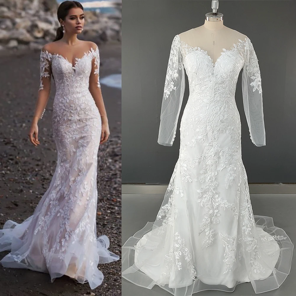 Embroidery Lace Long Sleeves Mermaid Wedding Dress Custom Made Illusion Back Buttons Off Shoulder Fit and Flare Bridal Gowns