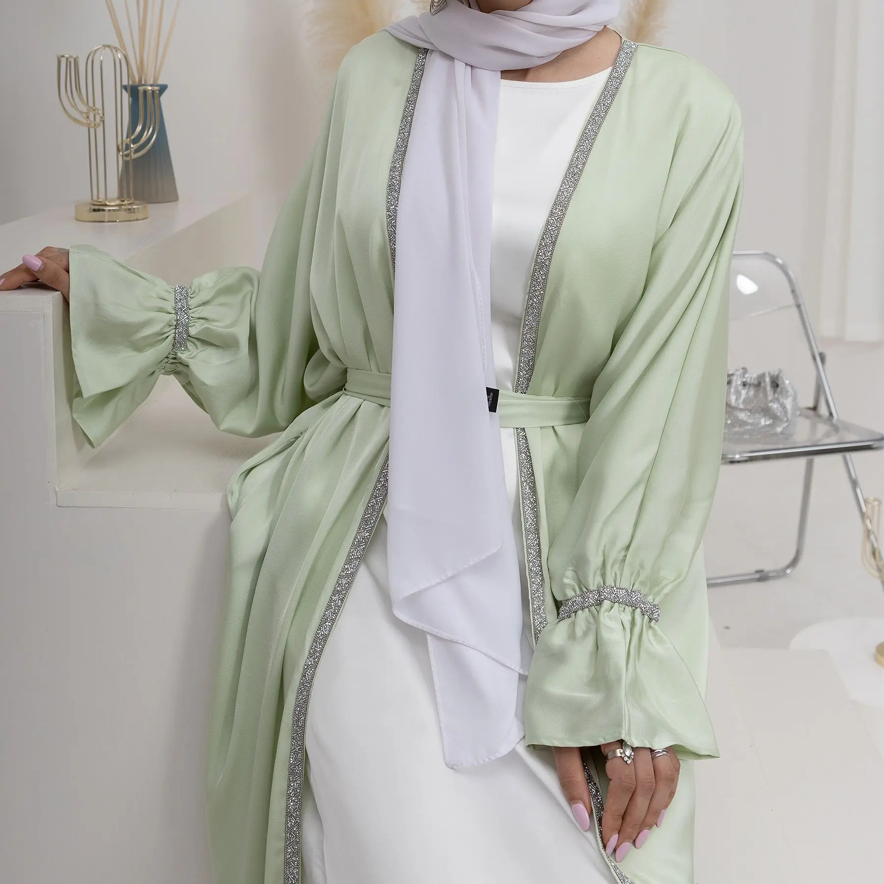 Imagem -05 - Abaya Seda Cetim Cardigan para Mulheres Kimono Aberto Abayas Jalabiya Islâmica Dubai Turquia Kaftan Veste Árabe Vestido Muçulmano Eid Ramadan Novo