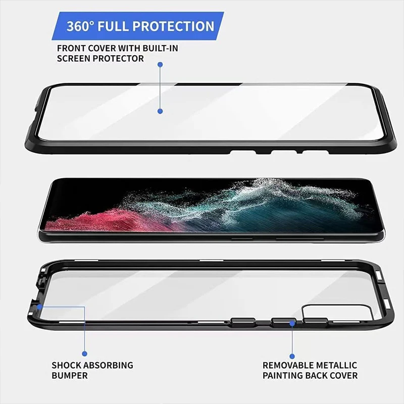 Custodia con cornice in metallo Full Wrap per Samsung Galaxy S23 S22 Ultra S21 S20 FE S9 S24 Note 10 20 Lite Plus Cover posteriore in vetro a doppia